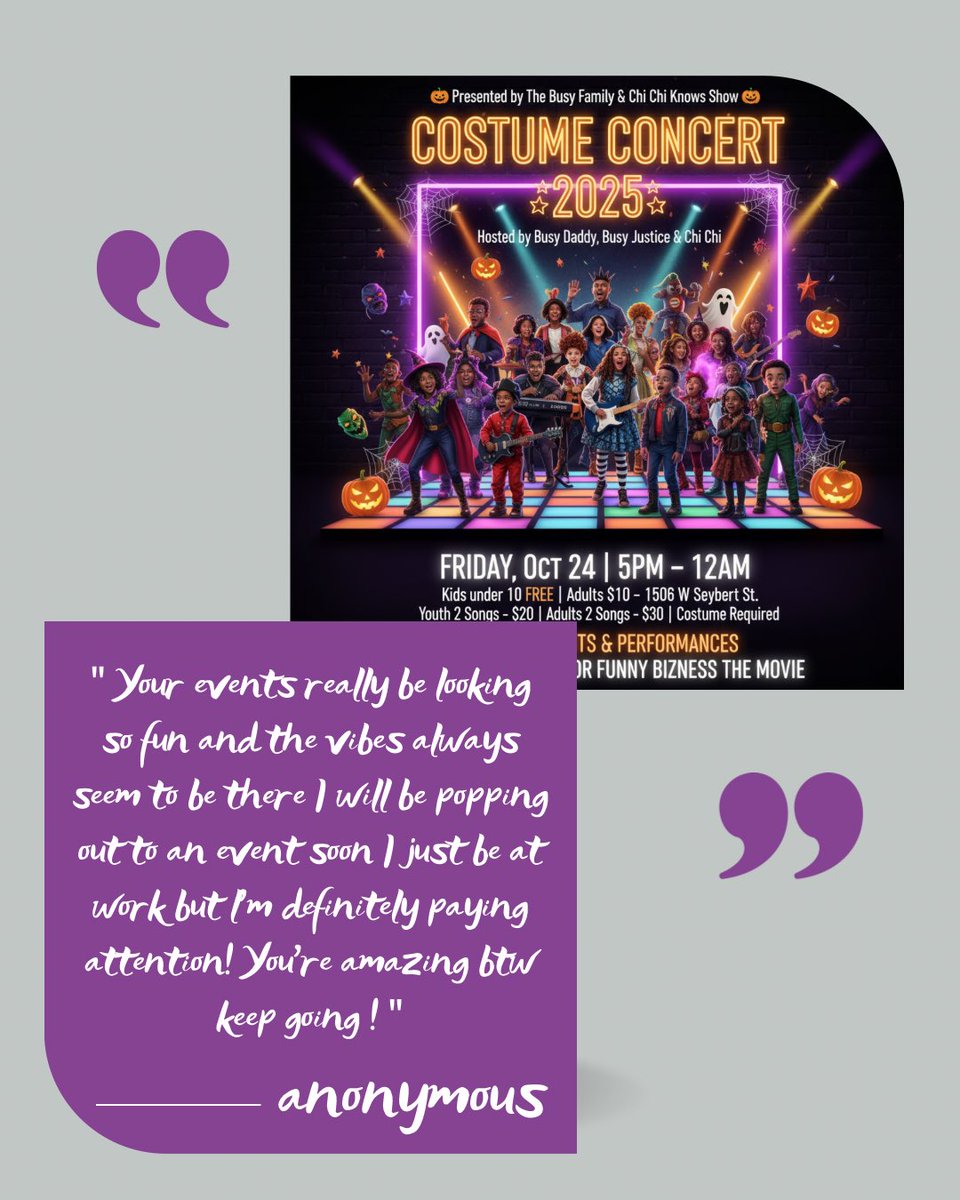 ChichiKnowsShow's tweet image. 🎭👻 THE BUSY FAMILY COSTUME CONCERT &amp;amp; PARTY 2025 🎶🎉
📅 FRIDAY, OCT 24TH
🕔 5PM – 12AM
📍 @brickworksphilly – 1506 W Seybert St.

_________

✨ ADMISSION
👧🏽 Kids under 10: FREE
🧑🏽 Adults: $10 General Admission
_________
🎤 PERFORMANCE SLOTS
🎶 Youth Performers …

#PhillyX
