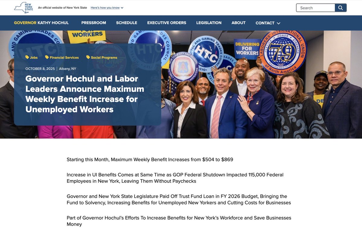 TWULocal100's tweet image. Today TWU Local 100 President John Chiarello joined Governor Kathy Hochul and other labor leaders to announce an increase in the maximum weekly unemployment payment by over 70%, which will begin this month and benefit countless workers furloughed by the government shutdown.…