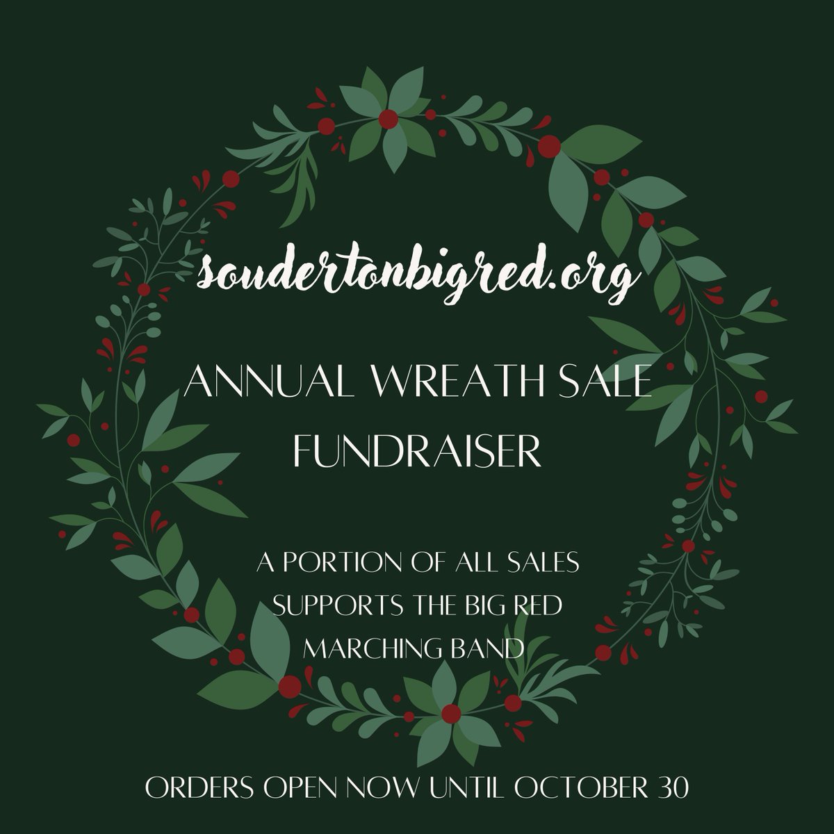 The Big Red Band annual wreath sale is officially open! Don't miss your chance to help support music &amp; holiday spirit in our community by purchasing a fresh evergreen wreath. Contact your favorite #SoudertonBigRedMarchingBand member or DM us for info on how to order! #shoplocal