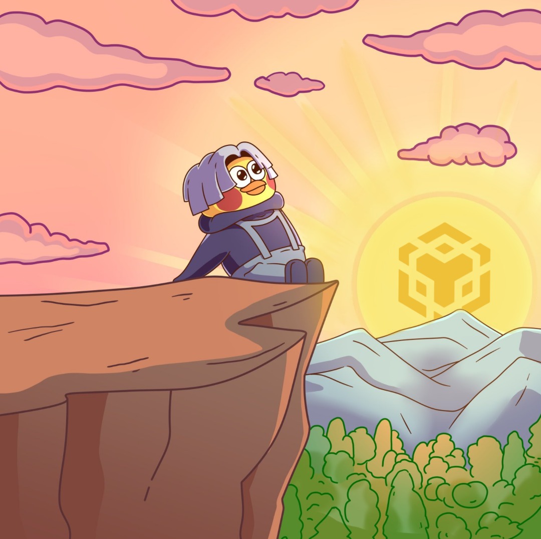 Ikun meme character overlooking a BNB-themed sunrise, symbolizing a bright future for the chain