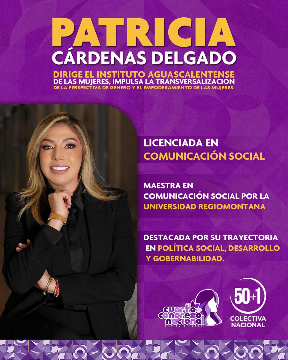 💫 En el Cuarto Congreso Nacional de 50+1 en San Luis Potosí, reuniremos voces que transforman los territorios desde la acción pública y la perspectiva de género.

🎤 <a href="/PatyCardenasD/">Paty Cárdenas</a> participará en el Panel 1: “Mujeres que gobiernan desde lo local”. Es Licencida en comunicación,