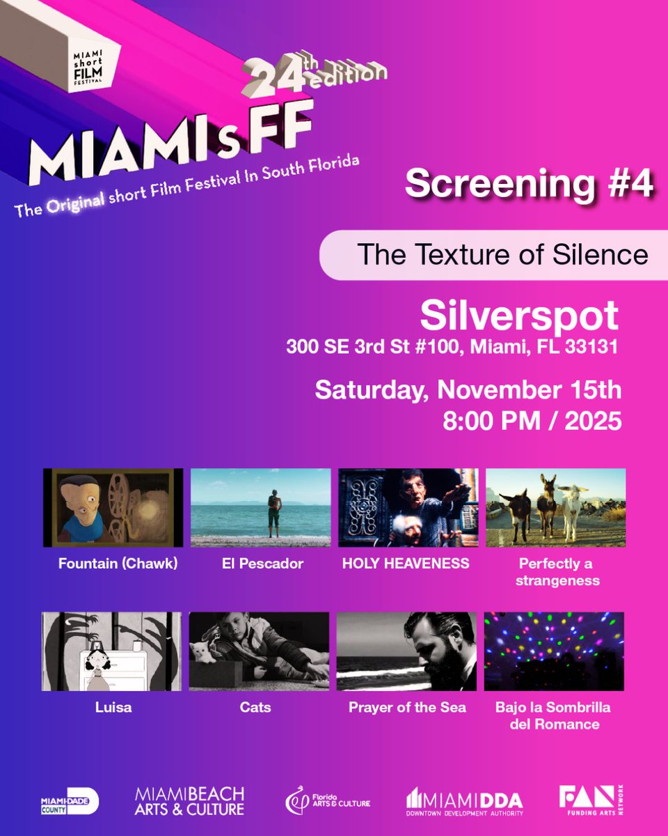 MIAMIsFF (@miamisff) on Twitter photo Saturday, November 15th, PM at ๐บ๐๐๐๐๐๐๐๐๐ ๐ซ๐๐๐๐๐๐๐ ๐ด๐๐๐๐, 300 SE 3rd St #100, Miami, FL 33131
๐๏ธ TICKETS NOW ON SALE
goelevent.com/MIAMIsFF/e/24tโฆ
2025 Official Selection of eight (8) short films:
๐บ๐๐๐๐๐๐๐๐ # 4 - ๐ป๐๐ ๐ป๐๐๐๐๐๐ ๐๐ Saturday, November 15th, PM at ๐บ๐๐๐๐๐๐๐๐๐ ๐ซ๐๐๐๐๐๐๐ ๐ด๐๐๐๐, 300 SE 3rd St #100, Miami, FL 33131
๐๏ธ TICKETS NOW ON SALE
goelevent.com/MIAMIsFF/e/24tโฆ
2025 Official Selection of eight (8) short films:
๐บ๐๐๐๐๐๐๐๐ # 4 - ๐ป๐๐ ๐ป๐๐๐๐๐๐ ๐๐