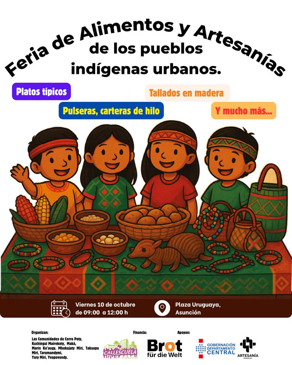 ✨ En el marco del 𝟰𝘁𝗼 𝗘𝗻𝗰𝘂𝗲𝗻𝘁𝗿𝗼 𝗜𝗻𝘁𝗲𝗿𝗰𝘂𝗹𝘁𝘂𝗿𝗮𝗹, se llevará a cabo también una 𝗙𝗲𝗿𝗶𝗮 𝗱𝗲 𝗔𝗹𝗶𝗺𝗲𝗻𝘁𝗼𝘀 𝘆 𝗔𝗿𝘁𝗲𝘀𝗮𝗻𝗶́𝗮𝘀 de los pueblos indígenas urbanos.
Podrás encontrar:
🥘 Platos típicos
🧶 Pulseras, carteras de hilo
🪵 Tallados