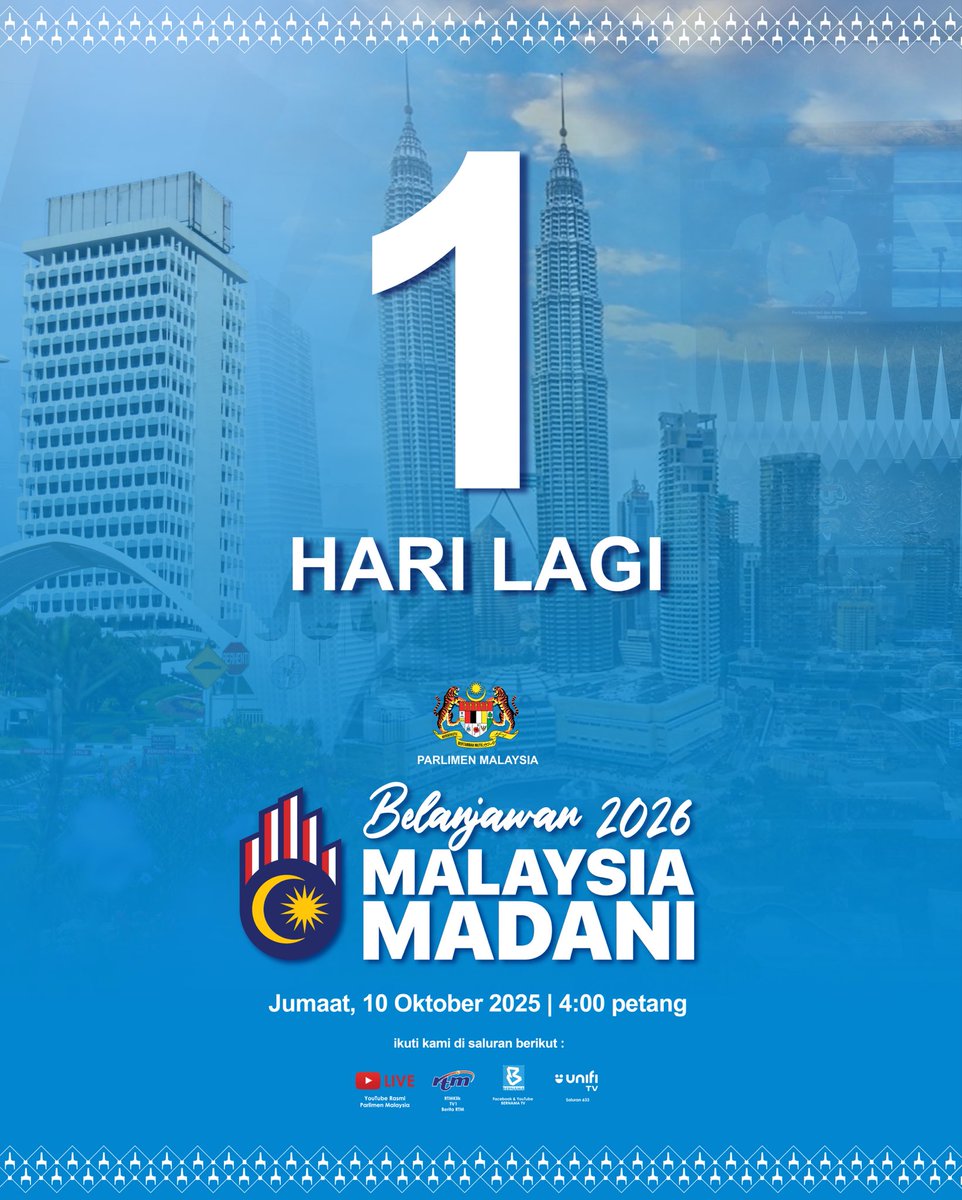 Parlimen Malaysia (@myparlimen) on Twitter photo Detik yang ditunggu bukan hanya oleh pemimpin, tetapi juga oleh setiap rakyat tidak kira siapa anda penjawat awam yang berkhidmat, mahasiswa yang menuntut ilmu, profesional yang berjuang, suri rumah yang mengurus keluarga, dan pesara yang meniti kehidupan.
Parlimen Malaysia Detik yang ditunggu bukan hanya oleh pemimpin, tetapi juga oleh setiap rakyat tidak kira siapa anda penjawat awam yang berkhidmat, mahasiswa yang menuntut ilmu, profesional yang berjuang, suri rumah yang mengurus keluarga, dan pesara yang meniti kehidupan.
Parlimen Malaysia