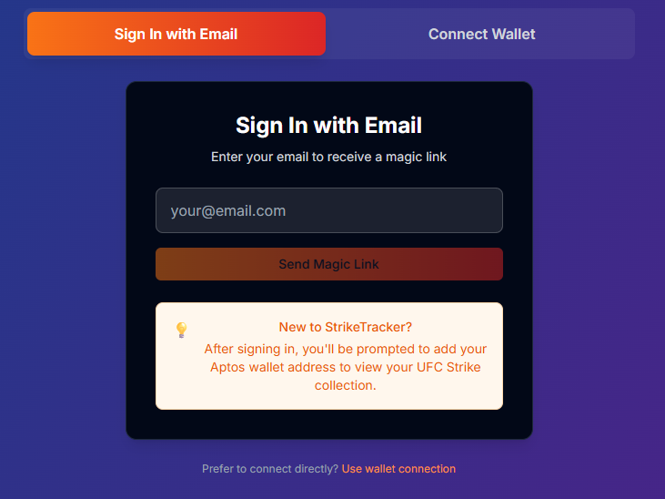 StrikeTrackerX's tweet photo. 👂 Heard your feedback — some were hesitant to connect wallets.

We’re adding email sign-in so you can access StrikeTracker safely ⚡

✅ No wallet popups
✅ No signatures
✅ Just your email + Aptos address
Live tomorrow 👀
 https://t.co/Cvc6VlRY4x 🥊
#UFCStrike #Aptos #NFT #Web3 https://t.co/5PDXLzFWLo