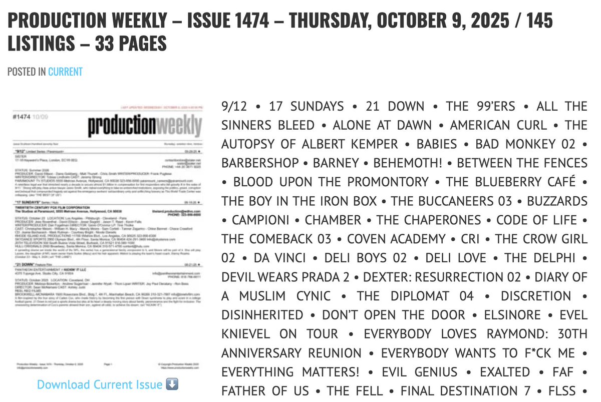 prodweek's tweet image. Production Weekly - Issue 1474 - Thursday, October 9, 2025 / 145 Listings - 33 Pages

Download Current Issue ⬇️

productionweekly.com/production-wee…