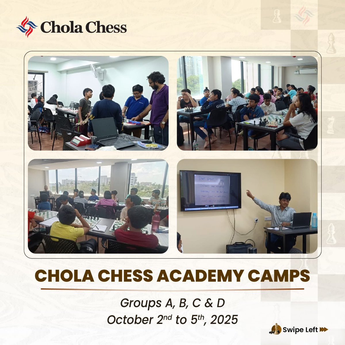 CholaChess's tweet image. From October 2nd to 5th, the Chola Chess Academy Camp for Groups A, B, C &amp;amp; D brought together dedicated young minds for four days of intense learning and growth. 

Under the expert guidance of GM @Rameshchess , Debashis Das, GM Kidambi, IM Konguvel, FM Kunal,
 and WFM Harshini,…