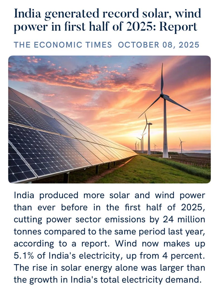 satnamsandhuchd's tweet image. India switching to green energy for a greener planet!
India generated a record amount of solar and wind power in the first half of 2025, which has helped cut emissions by 24 million tonnes. Wind now accounts for 5.1% of India's electricity, up from 4%.
@narendramodi ji’s…