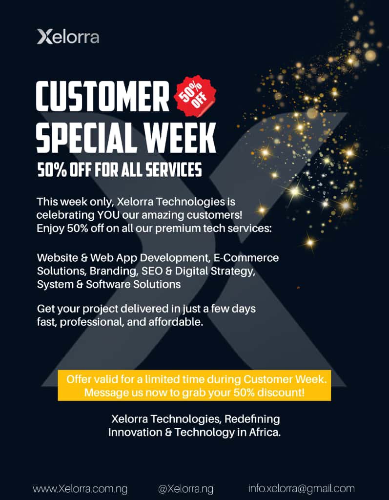xelorra's tweet image. Customer Week Special 50% OFF All Services! 

Xelorra is celebrating YOU this week

Enjoy 50% off on all our premium tech services:
💻 Website &amp;amp; Web App Development
🛒 E-Commerce Solutions
🧠 Branding, SEO &amp;amp; Digital Strategy
⚙️ System &amp;amp; Software Solution 
 #xelorra #discounts