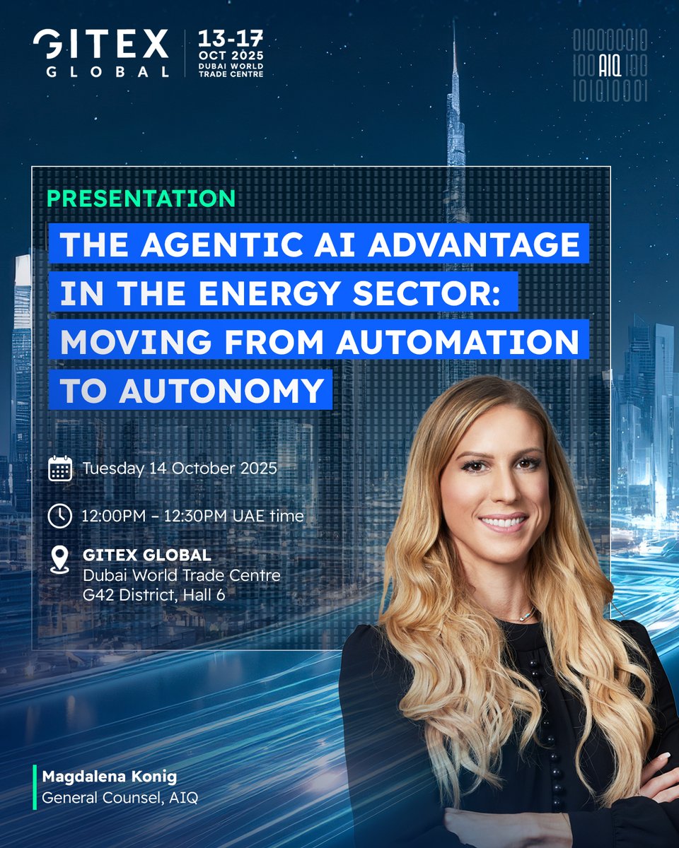 Join our General Counsel, at #GITEXGLOBAL2025, as she shares how #ENERGYai, AIQ's groundbreaking #AgenticAI solution is helping in the execution of complex tasks and making informed decisions.

🗓️ 14 October | 12:00PM – 12:30PM UAE time
📍 G42 District, Hall 6, DWTC