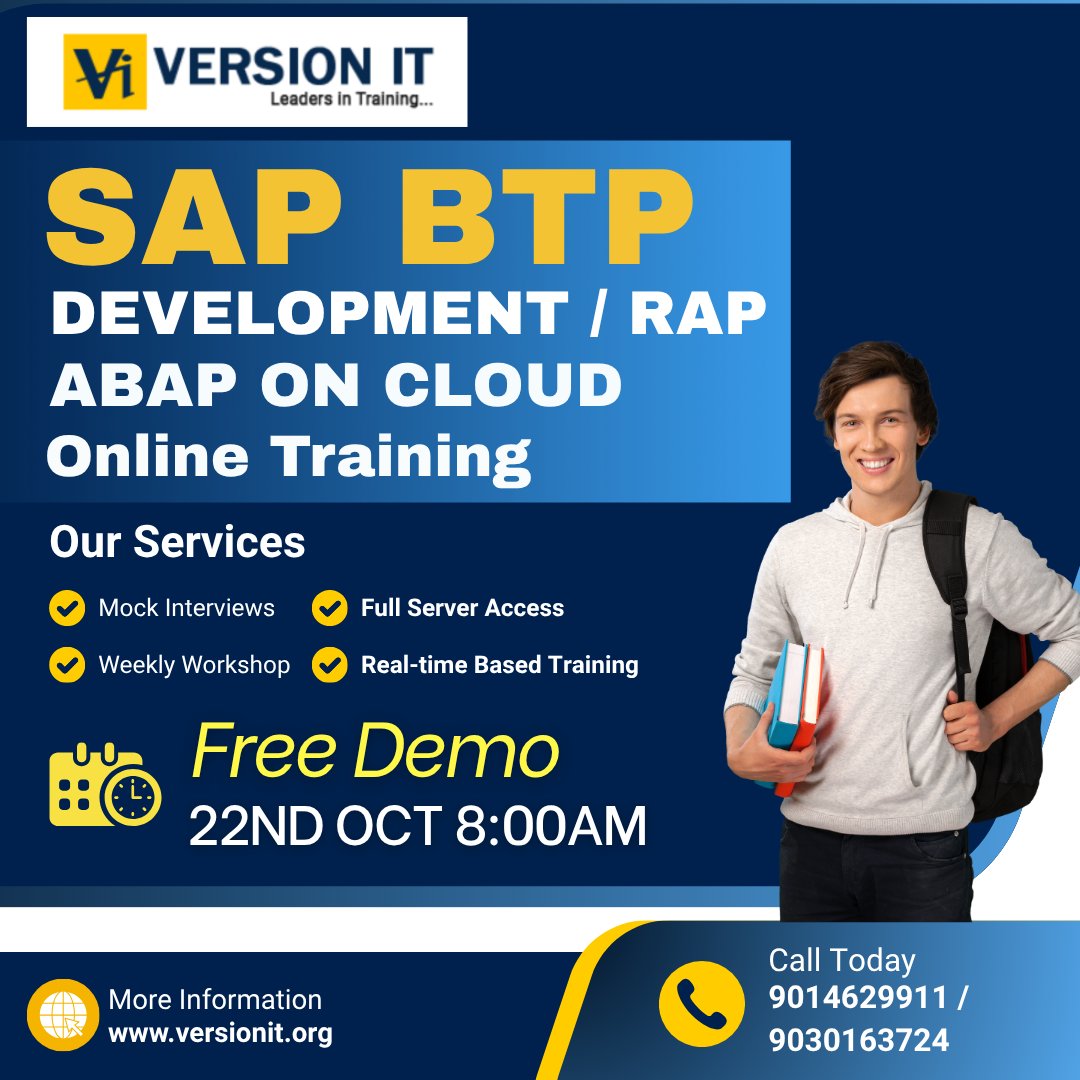 PVersionit's tweet image. 🚀 New Batch: SAP BTP Development / RAP ABAP on Cloud Training

📆 Demo: 22 Oct 2025 | 🕗 8:00 AM IST
💻 Online | ⏳ 45 Days

👉 Register: forms.gle/U1uUyQERx8jwVJ…
🌐 versionit.org
#SAPBTP #RAPABAP #SAPCloud #SAPTraining