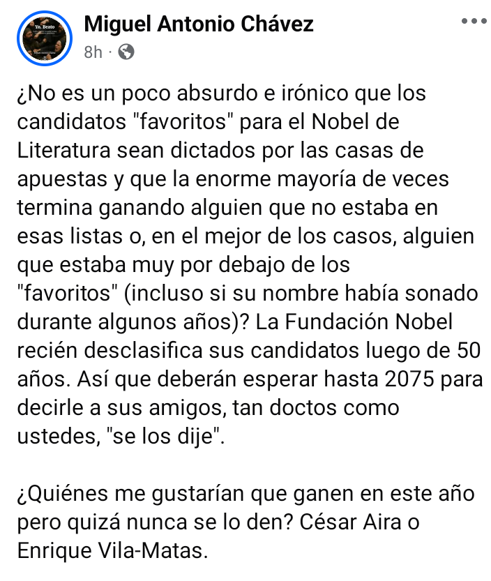 ¿No es un poco absurdo e irónico que los candidatos "favoritos" para el Nobel de Literatura sean dictados por las casas de apuestas y que la enorme mayoría de veces termina ganando alguien que no estaba en esas listas o que estaba muy por debajo de los "favoritos"?