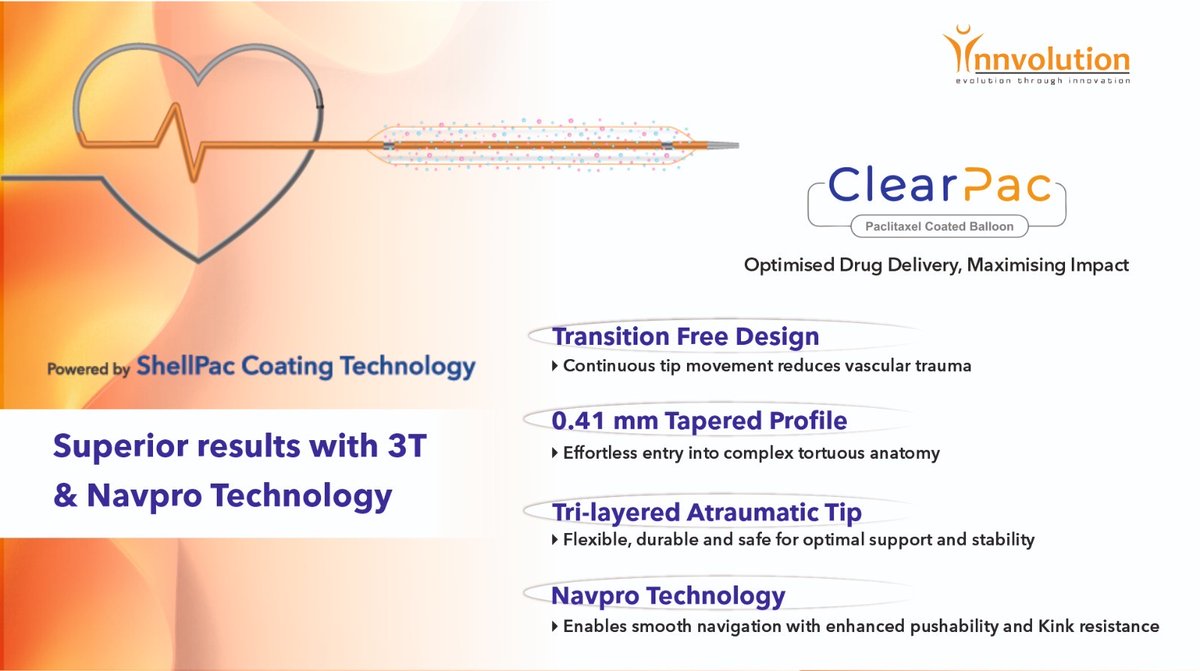InnvolutionH's tweet image. Clearpac - Superior Results with 3 T and Navpro Technology

🔹Transition Free Design
🔹0.41 mm Tip Entry profile
🔹Tri-Layered Atraumatic Tip
🔹Navpro technology

#Innvolution #ClearPac #SuperiorResults #DrugCoatedBalloon #3TNavprotechnology #CardiologyInnovation