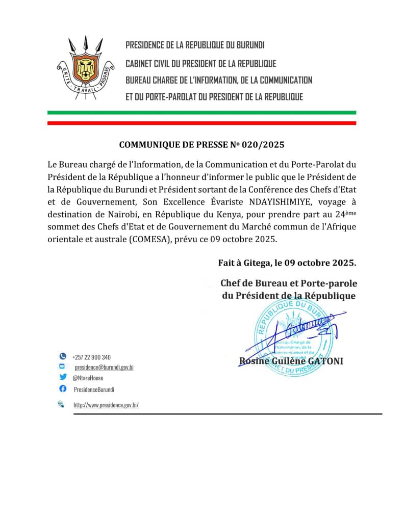 IrebeFM's tweet image. Le Président Ndayishimiye au 24e Sommet du #COMESA à #Nairobi 🇰🇪

Le Chef de l&apos;État burundais, @GeneralNeva , a quitté @Gitega le 9 octobre 2025 à destination de Nairobi, au #Kenya, pour participer au 24e Sommet des Chefs d&apos;État et de Gouvernement du COMESA.

Président sortant de…
