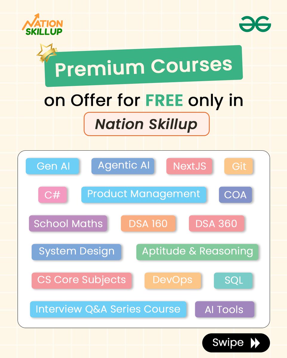 geeksforgeeks's tweet image. 42+ Free Courses, 6 Lakh+ learners (so far)

This is the impact Nation Skillup has made in the last 90 days. 

Here&apos;s hoping that you start to change the remaining of your 2025 by choosing to upskill: geeksforgeeks.org/nation-skill-u…
.
.
.
#nationskillup #skillupwithgfg #gfg