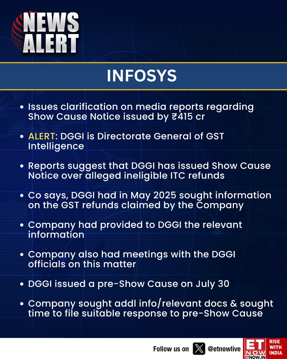 ETNOWlive's tweet image. #NewsAlert | Infosys: Issues clarification on media reports regarding Show Cause Notice issued by ₹415 cr 

#Infosys #DGGI #GST #ShowCauseNotice #TaxUpdate #IndianMarkets