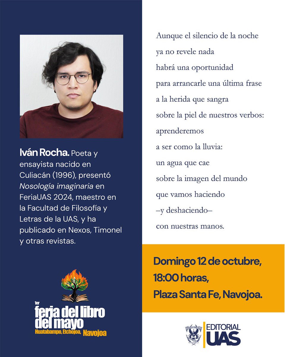 Del 10 al 13 de octubre los libros de la Universidad Autónoma de Sinaloa, serán parte de la Feria del Libro del  Mayo, que se realizará en Navojoa, Sonora, además el autor Iván Rocha presentará su poemario: Nosología imaginaria, el día 12. #mexico #libros #Sinaloa #UAS #sonora