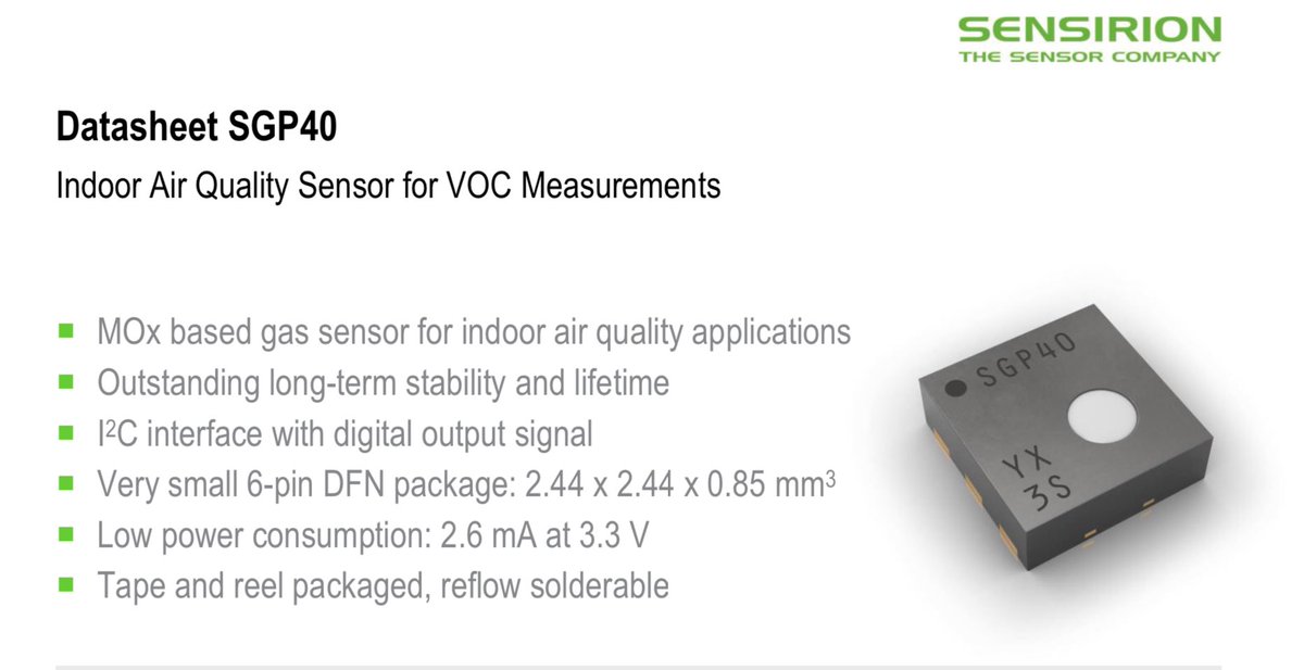 martinfasani's tweet image. General VOCs: The SGP40 #sensor is designed to detect a wide range of VOCs found in indoor environments.
•Examples of sources: It can detect compounds from sources like:
◦Natural gas
◦Cigarette and cooking smoke
◦Fart smell