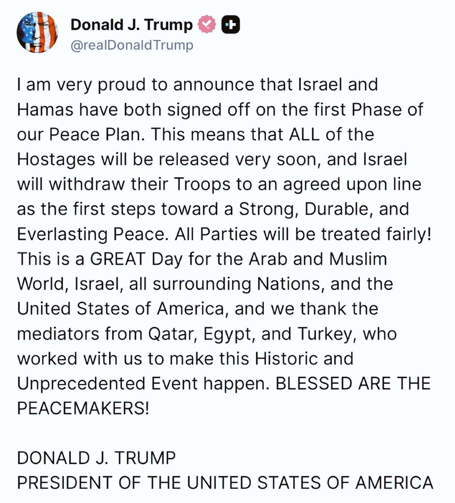 im__Arshu's tweet image. BREAKING: Israel and Hamas agree to a ceasefire! Trump’s mediation leads to the first phase of peace plan Hamas promises to release hostages! But when will Gaza’s pain end? 

When will Israel answer for its atrocities? Should Trump get a Nobel Peace Prize? 

#Israel #Trump…