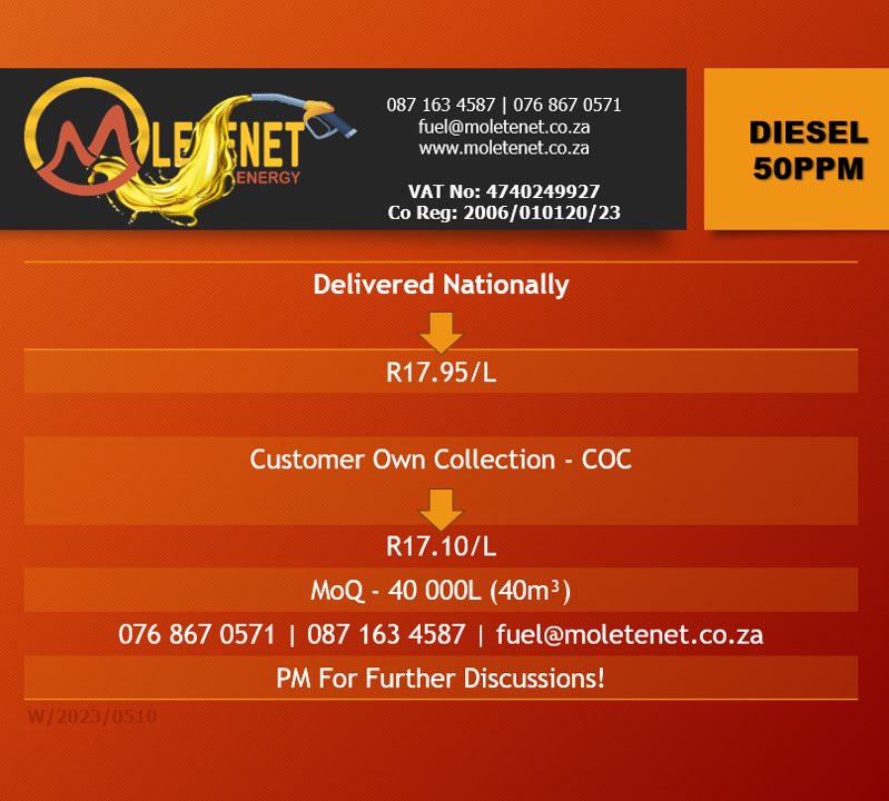 MoleteNET's tweet image. 🚀 MoleteNET delivers premium diesel to keep mining ⛏️, logistics 🚛, and farming 🌱 thriving! Uncompromising quality, unstoppable performance. Fuel your industry with us! 💥 

#MoleteNET #DieselPower #IndustryStrong