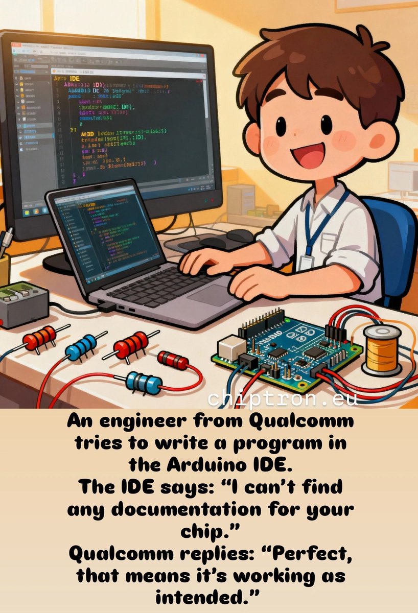 chiptronEU's tweet photo. An engineer from Qualcomm tries to write a program in the Arduino IDE.
The IDE says: “I can’t find any documentation for your chip.”
Qualcomm replies: “Perfect, that means it’s working as intended.” https://t.co/PR2tx27h77