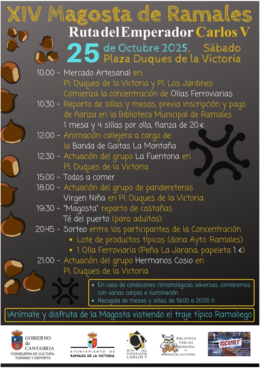 🌰 XIV MAGOSTA RAMALES 2025
Concentración de Ollas Ferroviarias
📅 Sábado  25 de octubre
Plaza Duques de la Victoria

🖊 Seguiremos informando del plazo de inscripción

💢 Anímate a participar en la Magosta, vistiendo el traje típico Ramaliego.

#Ramales  #Magosta #Magosta2025