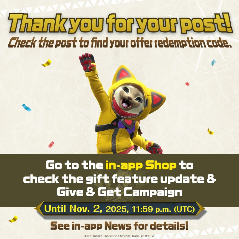 Want to play Monster Hunter Now together?
👉 <a href="/moenasrul/">MoeNasrul</a>

As a thank-you, here's an offer redemption code 🎁
MHNGIFT2025
✅ Redemption Deadline: Dec. 30 (Tue), 11:59 p.m. UTC
#MHNowGiftGiveAndGet


x.com/MH_Now_EN/stat…