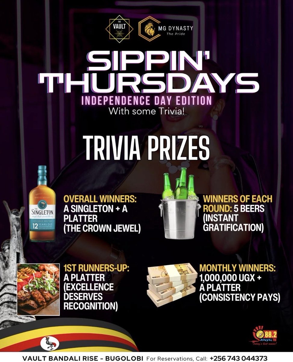 Tonight at 8 PM, join <a href="/kanyindo/">Siima Kyakuhaire</a> and Sandra Teta for a thrilling Quizzin’ &amp; Sippin’ Independence Day Edition showdown at <a href="/VaultUg/">VAULT UG</a>! Brace for an epic evening packed with fun, brain-teasing quizzes, and awesome prizes waiting to be won!

—<a href="/882SanyuFM/">88.2 Sanyu FM</a>, <a href="/MGDynasty256/">MG Dynasty</a>, <a href="/PrudentialUG/">Prudential Uganda</a>.