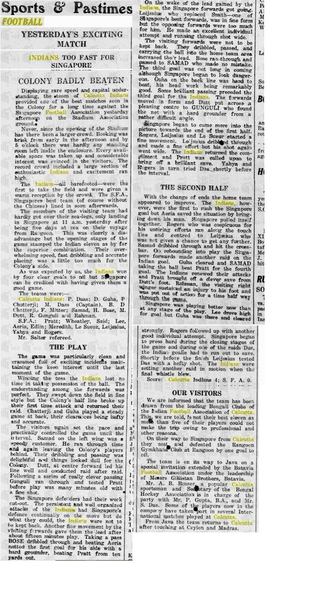 IndianfootballH's tweet image. Calcutta Indians&apos; match against Singapore FA XI during the former&apos;s 1924 tour was quite possibly first encounter between teams from these two countries. Indian team was made up with Calcutta League players like BD Chatterjee, SA Samad, Rabi Ganguly &amp;amp; Purna Das #IndianFootball