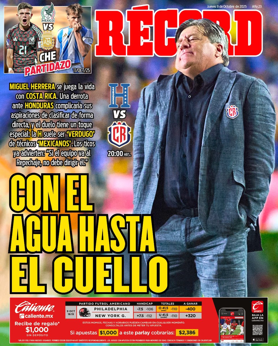 HoyEnTuRÉCORD🗞️ 9 Octubre 2025 Con el agua hasta el cuello😰 🇨🇷Miguel  Herrera se juega la vida con Costa Rica. Una derrota ante Honduras  complicaría sus aspiraciones de clasificar de forma directa, y, image size:963x1200