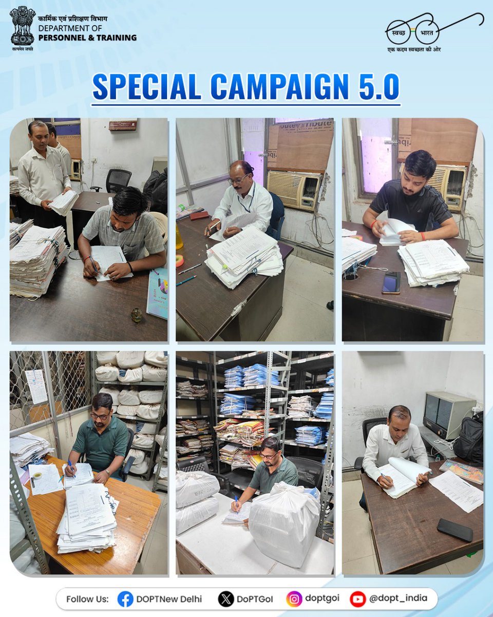 DoPTGoI's tweet image. The Special Campaign 5.0 under DoPT reflects the Government’s vision of Swachhata, quick decision and making responsive governance. 

With a focus on minimising pendency, strengthening record management and ensuring all round efficiency, the campaign is driving transparency and…