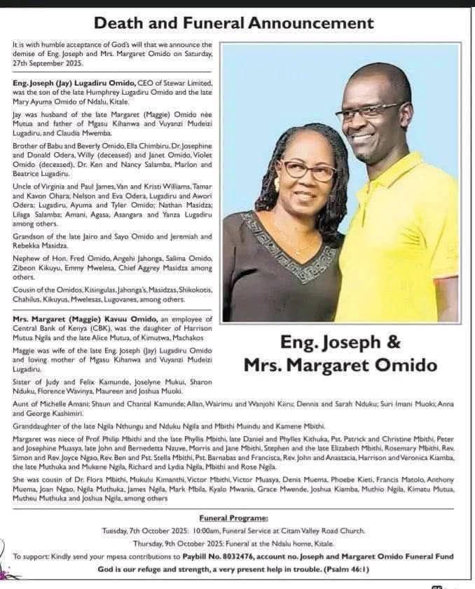 She had an accident in Gilgil. Her husband rushed from Nairobi with his brother, found her, and arranged an ambulance to Nairobi. He climbed in beside her with the nurse, while his brother followed in their car.

On the way, the ambulance crashed. Wife, husband, and nurse died