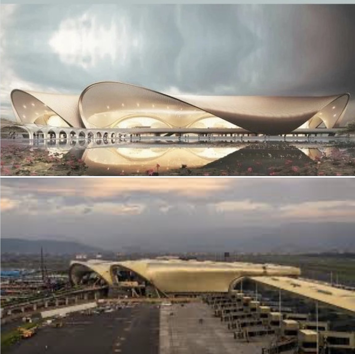 dailyexception's tweet image. What #NaviMumbaiAirport was supposed to look like as per the Zaha Hadid rendering (above image) vs what it looks like today on its inauguration (below)
Am I missing something?