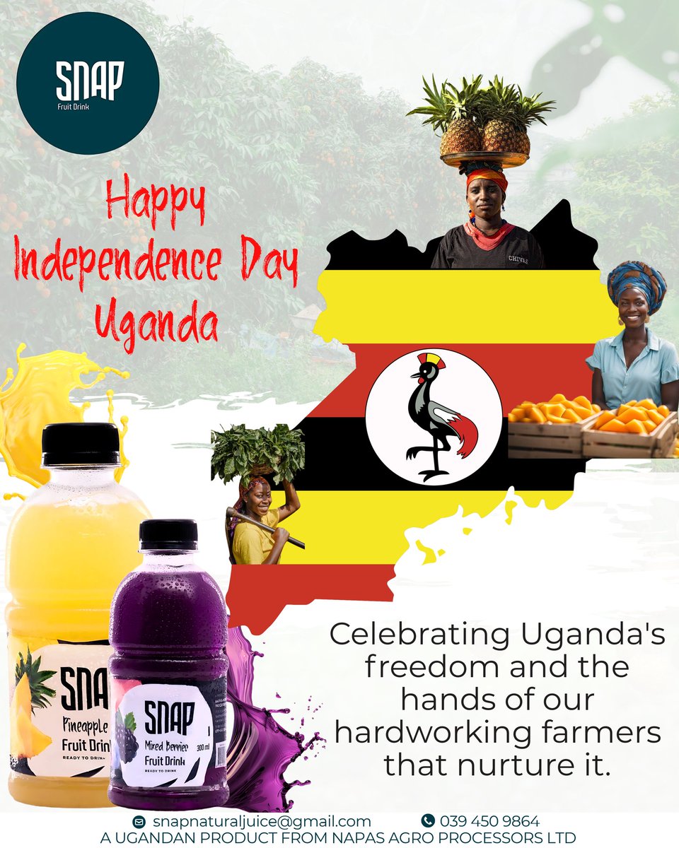 snapjuiceug's tweet image. Happy Independence Day, Uganda🇺🇬
Here’s to freedom, growth, and the hardworking farmers who make every sip of SNAP Fruit Drink possible. 🍍🍇
#UgandaAt63 #SNAPFruitDrink #SupportLocal