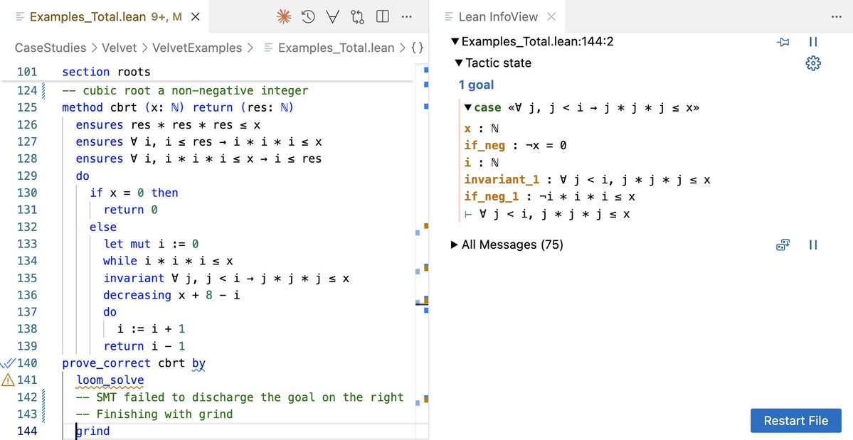 ilyasergey's tweet image. We are thrilled to release Velvet: a foundational multi-modal verifier for imperative programs in Lean.
It unifies execution, testing, automated and interactive proofs; and is itself proven sound.
💻 github.com/verse-lab/loom
📄 verse-lab.github.io/papers/loom-pr…
🧵 Learn more below ↓
