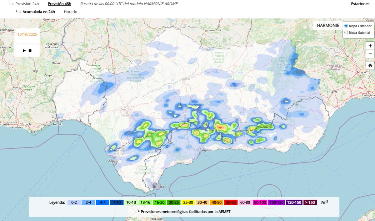 Mapas de previsión de precipitación acumulada en 24h para HOY y MAÑANA según el modelo HARMONIE-AROME facilitado por AEMET. redhidrosurmedioambiente.es/saih/prediccio…