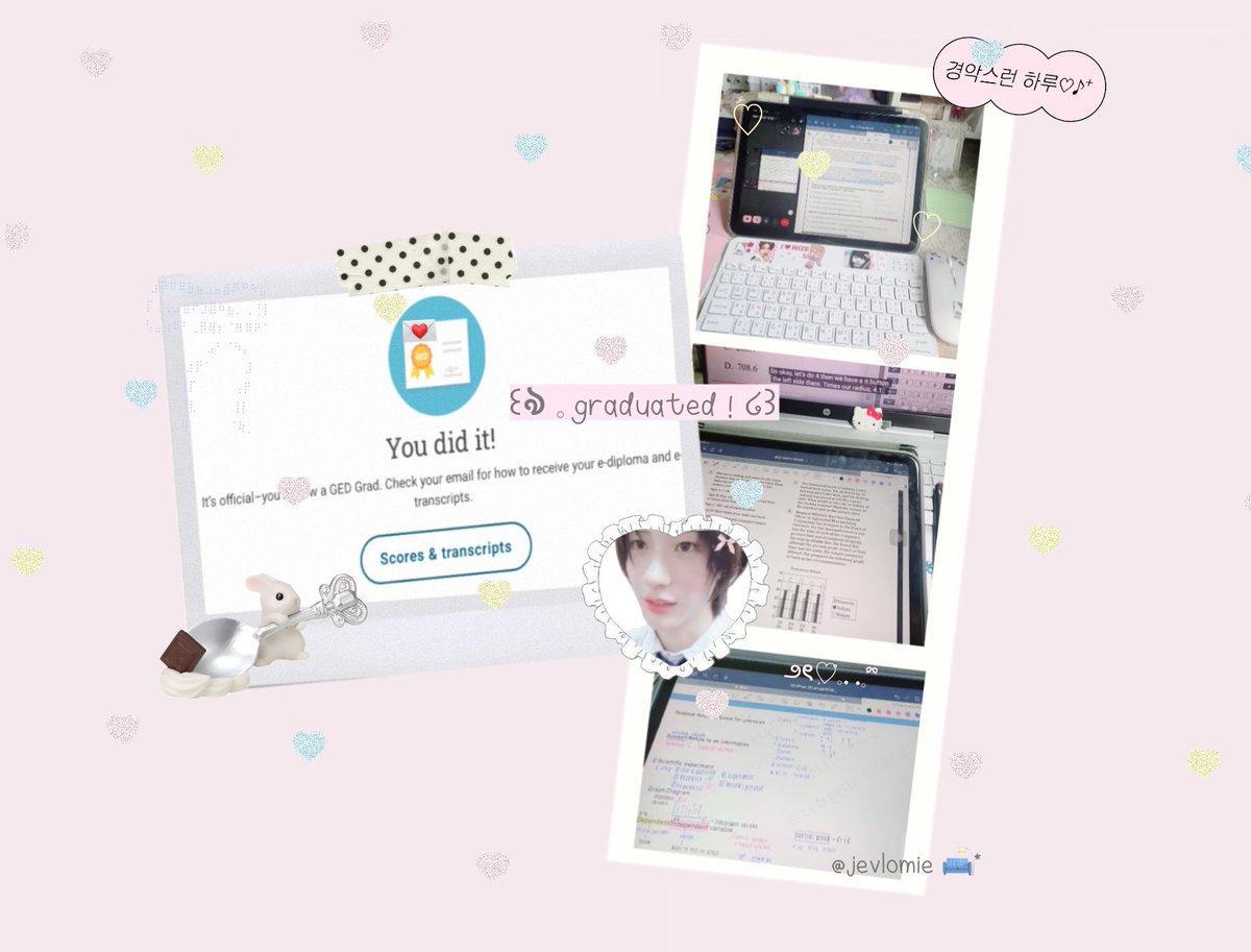 jevlomie's tweet image. ( 🎓 ) * 𝒪fficially 𝒢raduate 🎀 !
𓈒 how to pass ged in 3 months ฉบับติวเอง + ไม่ซีเรียสคะแนน 🍮♡

＼✭ overall : 621／𓐄 all taken once accepted math &amp;amp; sci 💬 

#GED #สอบged #สอบเทียบged 💌🪽𓈒