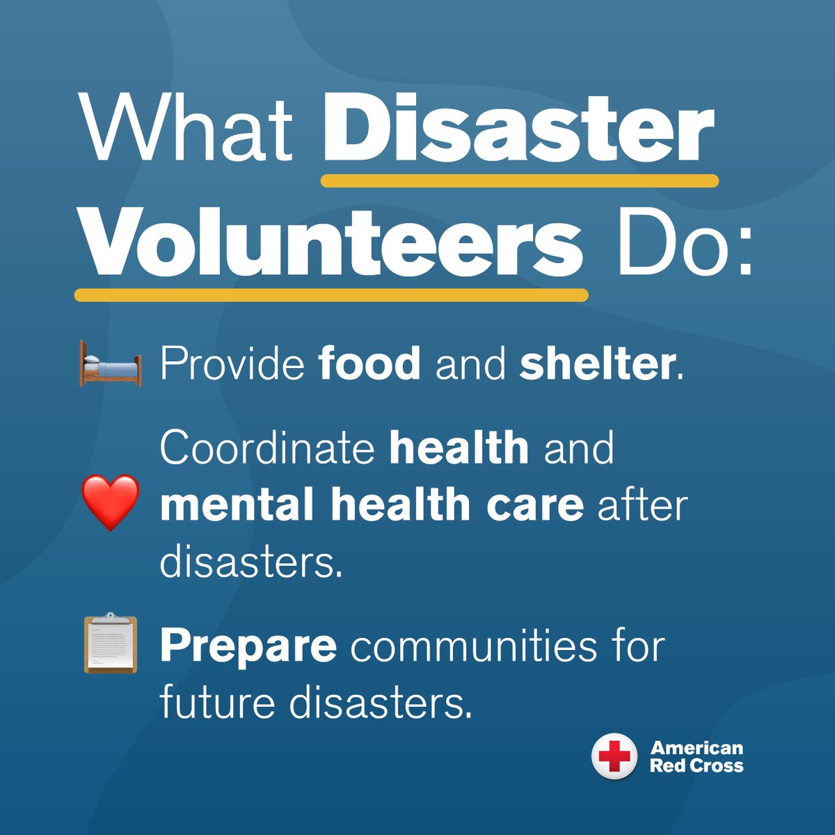 Red Cross disaster volunteers help by providing immediate assistance and long-term recovery support to individuals and families affected by various emergencies, such as fires, hurricanes, and other disasters. Find a volunteer opportunity for you at  redcross.org/carvolunteer