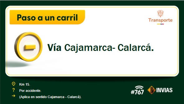 ¡Buenas noches!​

#NovedadVial en el departamento de #Quindío, se reporta paso a un carril en el km 15. #EnDesarrollo​

Trabajamos para mantenerte informado.