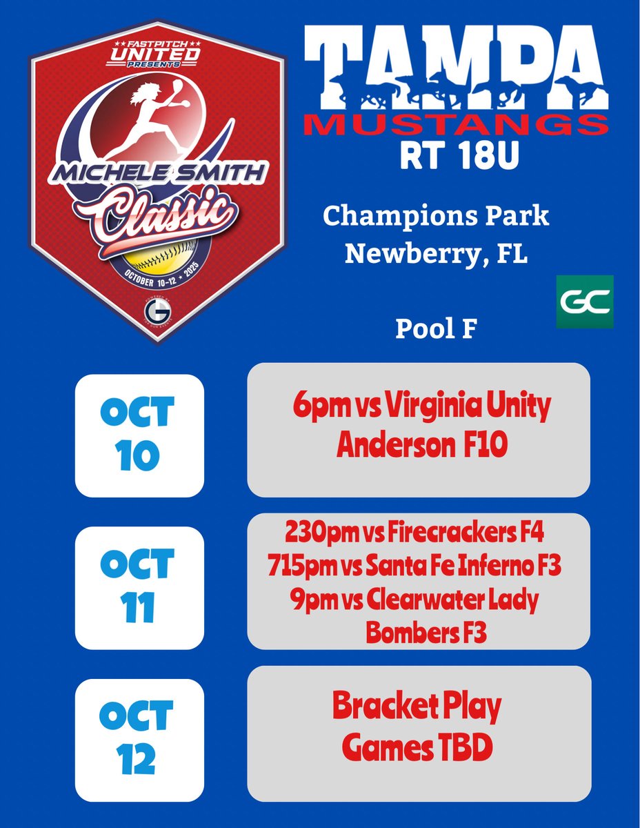 This weekend my team will be playing in Newberry, FL. I am very excited to get some reps this weekend!
<a href="/TampaMustangsRT/">Tampa Mustangs RT 18u</a> <a href="/BradTouchet/">Bradley Touchet</a> <a href="/MustangsPynes27/">Tampa Mustangs Rene- Pynes 16U</a> <a href="/TCam_FSUSB/">Troy Cameron</a> <a href="/FSU_CoachWilson/">Travis Wilson</a> <a href="/Coach_Alameda/">Lonni Alameda</a> <a href="/CoachJordanSB/">Jordan Clark</a> <a href="/CoachKatedL/">Kate de Leon</a> <a href="/noahbsanders/">Noah Sanders</a> <a href="/BethTorina/">Beth Torina</a> <a href="/CoachNealPT/">Bryce Neal</a>