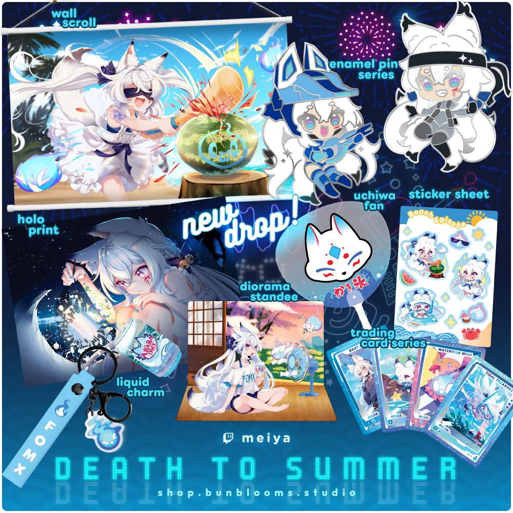 meiya_ch's tweet photo. 🎆DEATH TO SUMMER DROP🎆

pre-orders for the death to summer merch drop is finally here!! 

get your hands on a new wall scroll, holographic print, two new enamel pins, a 3D standee, an uchiwa fan, a sticker sheet, an ababa dwy liquid charm and start your trading card series!! 💙 https://t.co/Dnq0jlk5L2