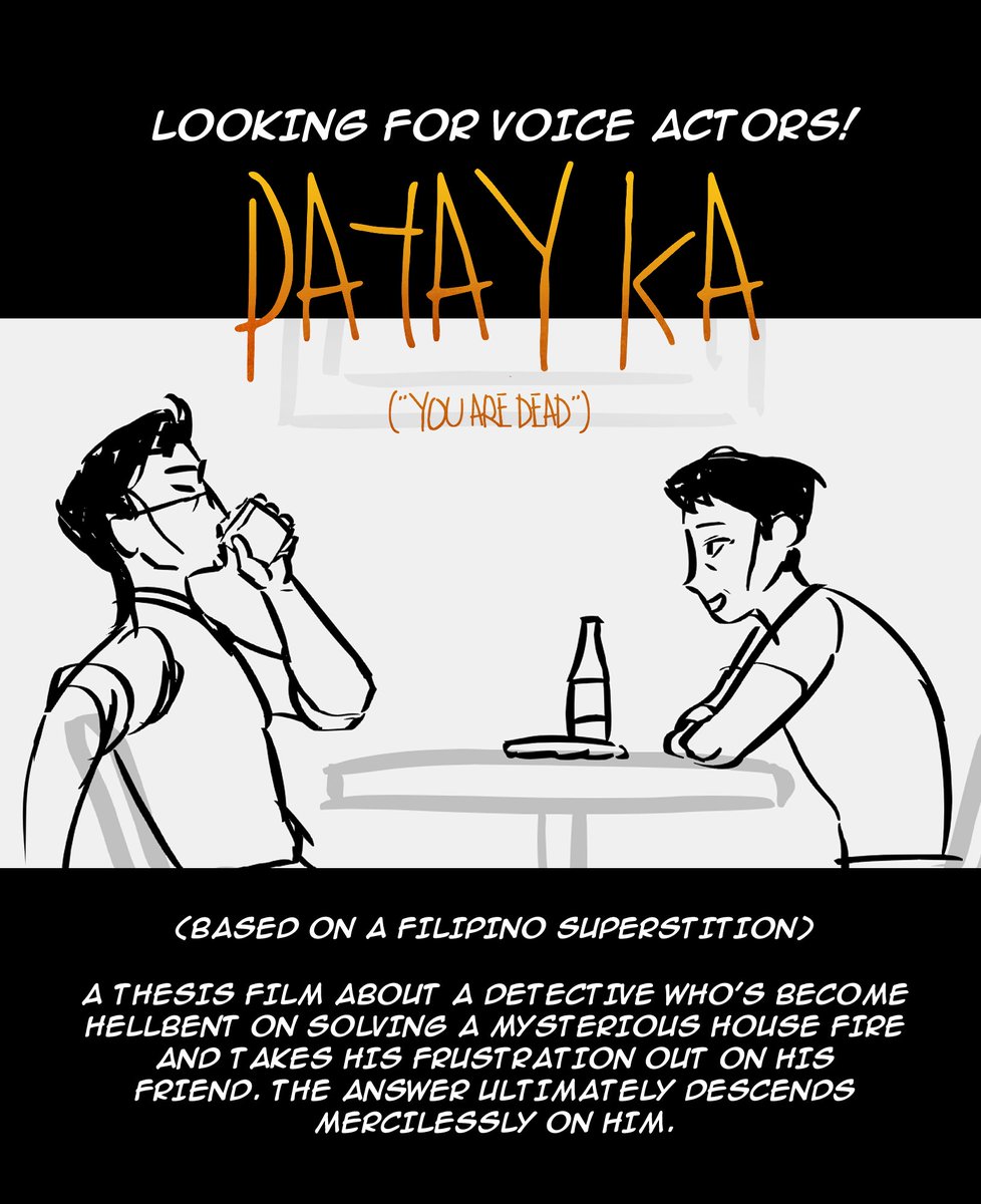 strawbunyy's tweet image. 🎙️PAID VOICE ROLES
(Reposting because I made major changes) Hi everyone! I'm looking for voice actors—preferably Filipino, but not required—for my student film, "Patay Ka"!
For more details, please visit: castingcall.club/projects/patay…
Or apply here: forms.gle/PvA1o8UL3q3eFC…