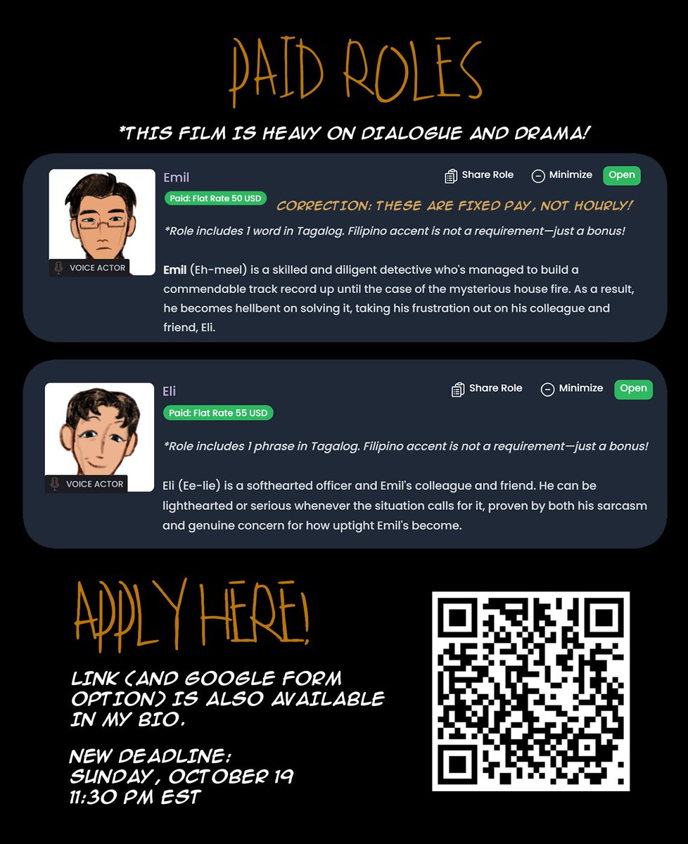 strawbunyy's tweet image. 🎙️PAID VOICE ROLES
(Reposting because I made major changes) Hi everyone! I'm looking for voice actors—preferably Filipino, but not required—for my student film, "Patay Ka"!
For more details, please visit: castingcall.club/projects/patay…
Or apply here: forms.gle/PvA1o8UL3q3eFC…