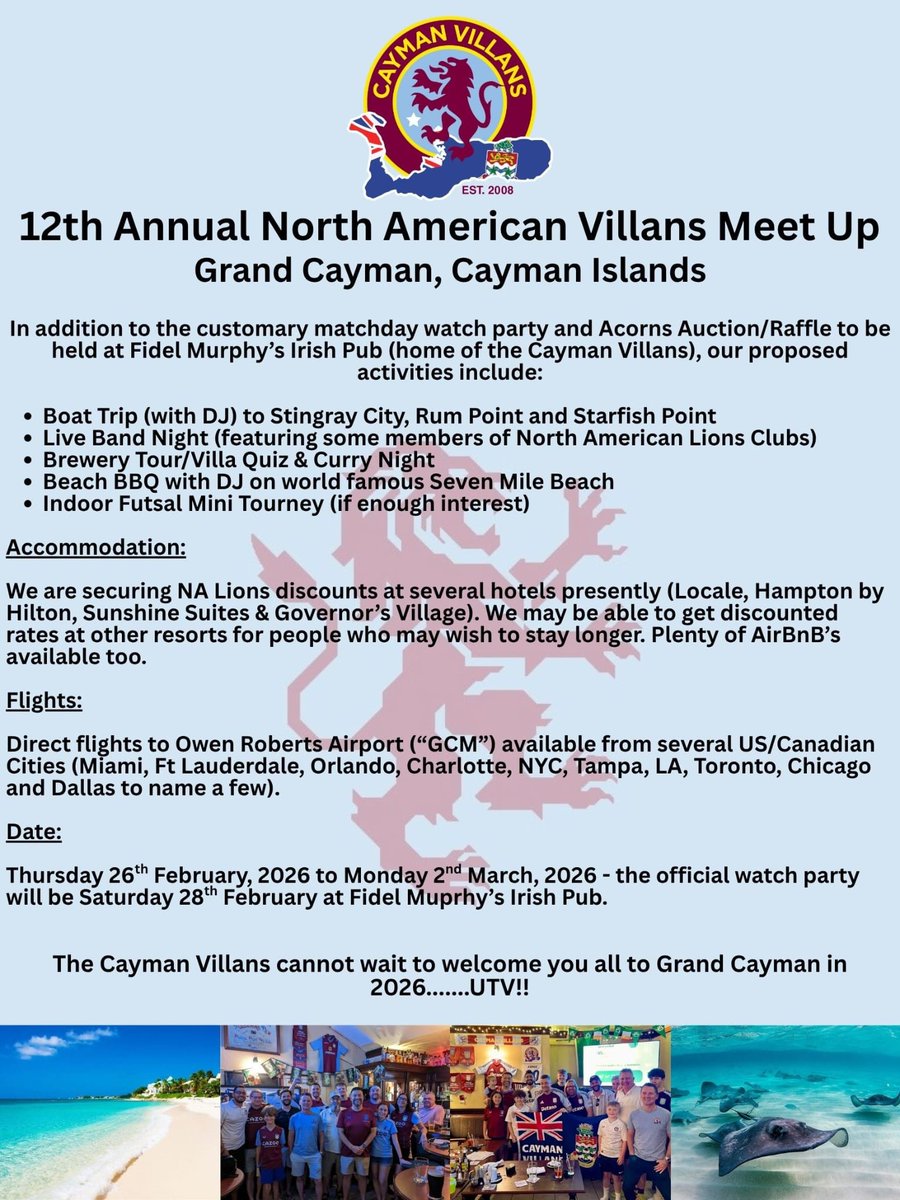 It's time!!! The North American Meet Up for 2026 has been announced and we're chuffed the <a href="/CaymanVillans/">Cayman Villans</a> are hosting! We're trying to get as many Seattle Lions there as possible. UTV VTWD #avfc #NALions