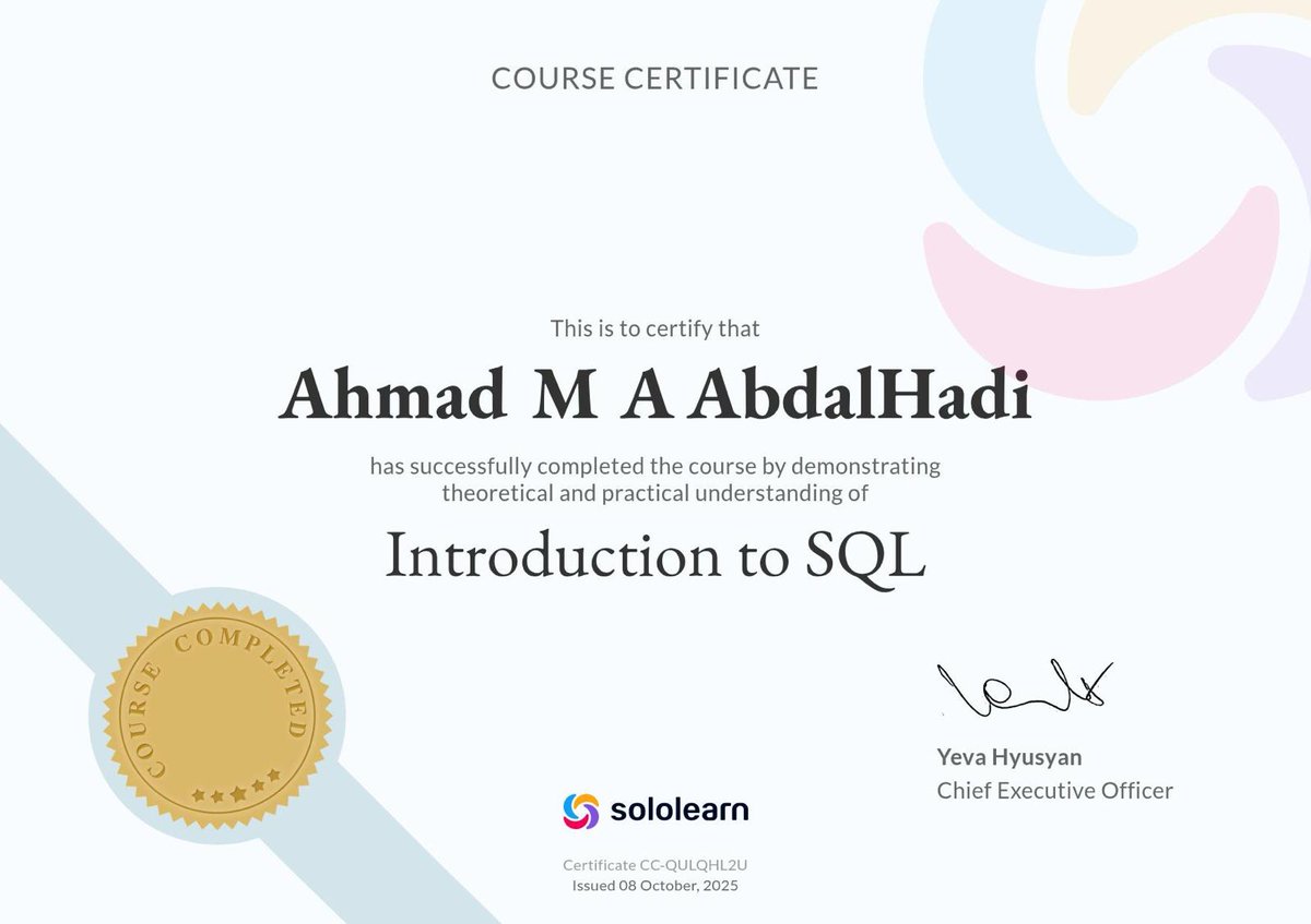 ahmed2abdalhadi's tweet image. 🎓 Proud to share a new step in my learning journey — I’ve earned two SQL certifications 💻 from SoloLearn:
🔹 Introduction to SQL
🔹 SQL Intermediate
Continuous learning fuels innovation and growth 🚀
#SQL #SoftwareDevelopment #SoloLearn #Ahmed_AbdalHadi
