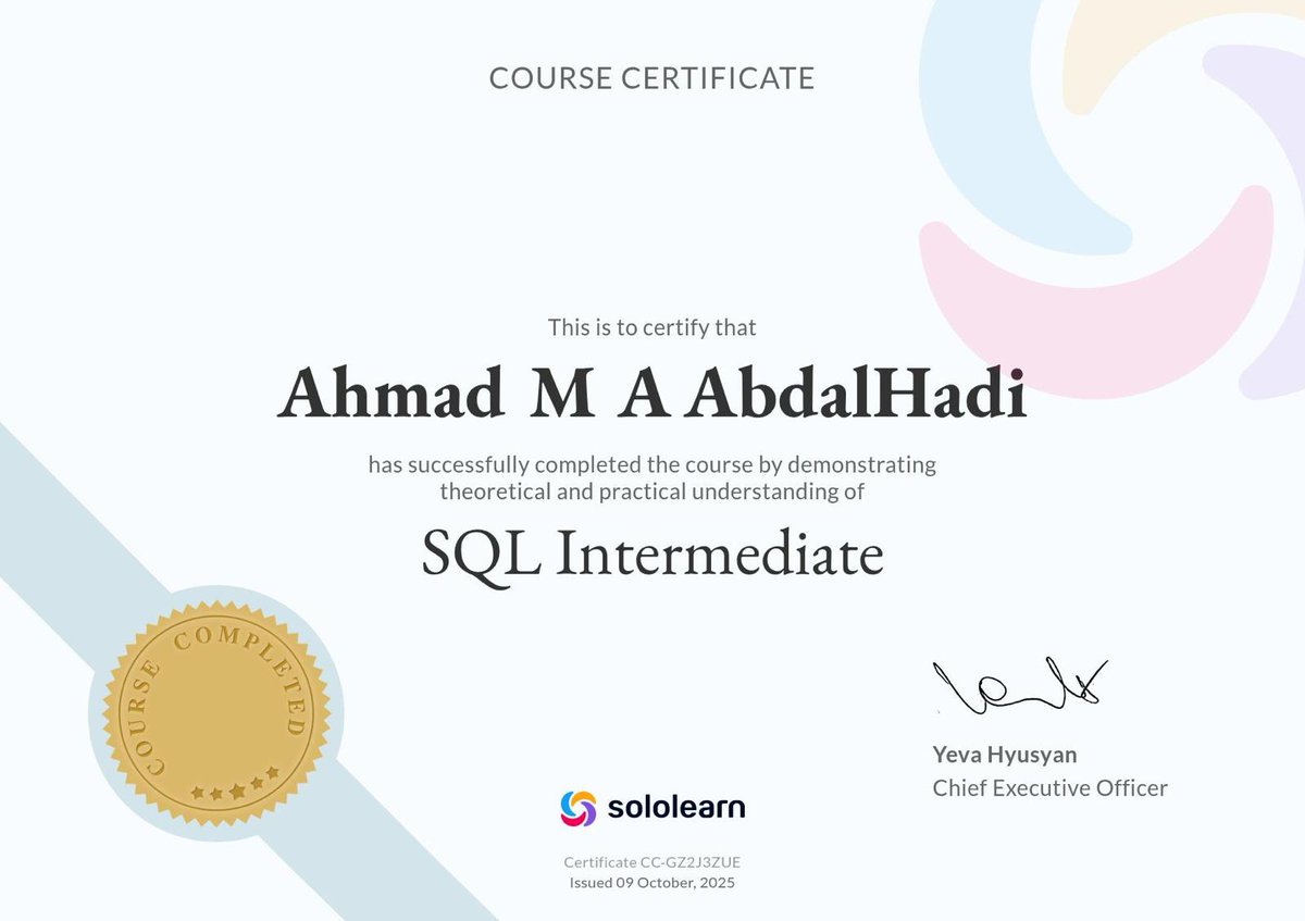 ahmed2abdalhadi's tweet image. 🎓 Proud to share a new step in my learning journey — I’ve earned two SQL certifications 💻 from SoloLearn:
🔹 Introduction to SQL
🔹 SQL Intermediate
Continuous learning fuels innovation and growth 🚀
#SQL #SoftwareDevelopment #SoloLearn #Ahmed_AbdalHadi