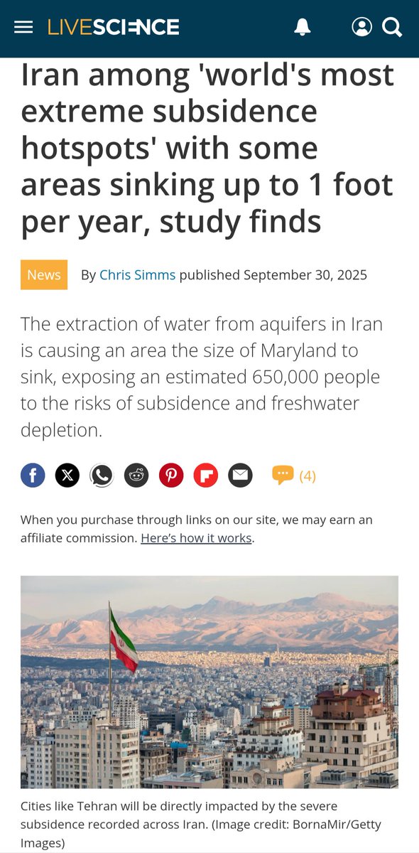 Manoochehr Shirzaei (@shirzaei) on Twitter photo *** Media Coverage ***
In this <a href="/LiveScience/">Live Science</a> news piece, I discuss #LandSubsidence hazard in #IRAN.
<a href="/vtgeosciences/">Geosciences at VT</a>
<a href="/UNUINWEH/">UN University-INWEH</a>
Iran among 'world's most extreme subsidence hotspots' with some areas sinking up to 1 foot per year, study finds | Live Science share.google/8CN0Zm6urFepMQ… *** Media Coverage ***
In this <a href="/LiveScience/">Live Science</a> news piece, I discuss #LandSubsidence hazard in #IRAN.
<a href="/vtgeosciences/">Geosciences at VT</a>
<a href="/UNUINWEH/">UN University-INWEH</a>
Iran among 'world's most extreme subsidence hotspots' with some areas sinking up to 1 foot per year, study finds | Live Science share.google/8CN0Zm6urFepMQ…