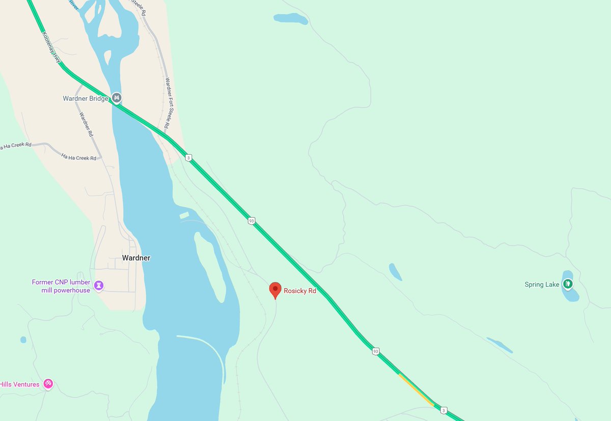 DriveBC's tweet photo. 📡#BCHwy93/#BCHwy3 - Reports of a vehicle incident near Rosicky Rd causing minor delays in both directions. #WardnerBC #JaffrayBC https://t.co/2iW6JCkEd5