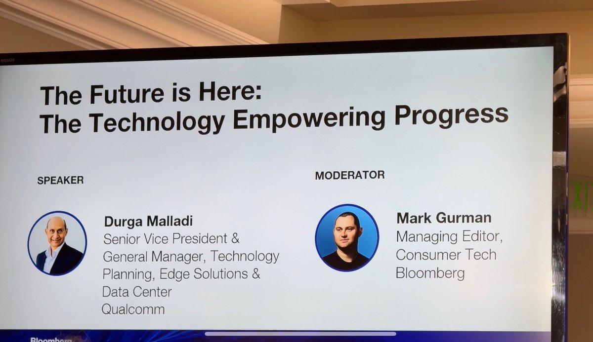 markgurman's tweet image. Had a great time discussing AI, 6G and new types of device form-factors with @durga_malladi, SVP at Qualcomm yesterday at Bloomberg’s investor event in Los Angeles.
