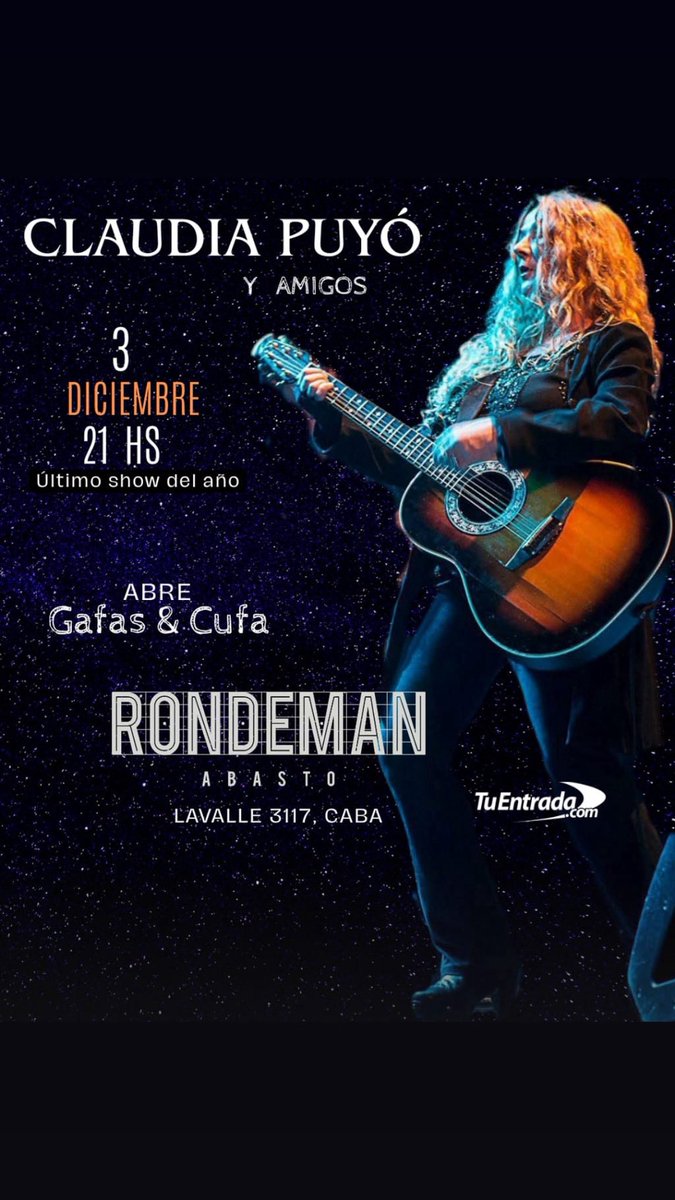 Queridos amigos, quería avisarles que el día miércoles 3 de diciembre, vamos a estar tocando en RONDEMAN 
Claudia Puyò y amigos!

Banda invitada … gafas y Cufa! Ampliaremos detalles 
21 hs.
@destacarRicardo MarilGafas y CufaEve KreffClaudia Puyó página of